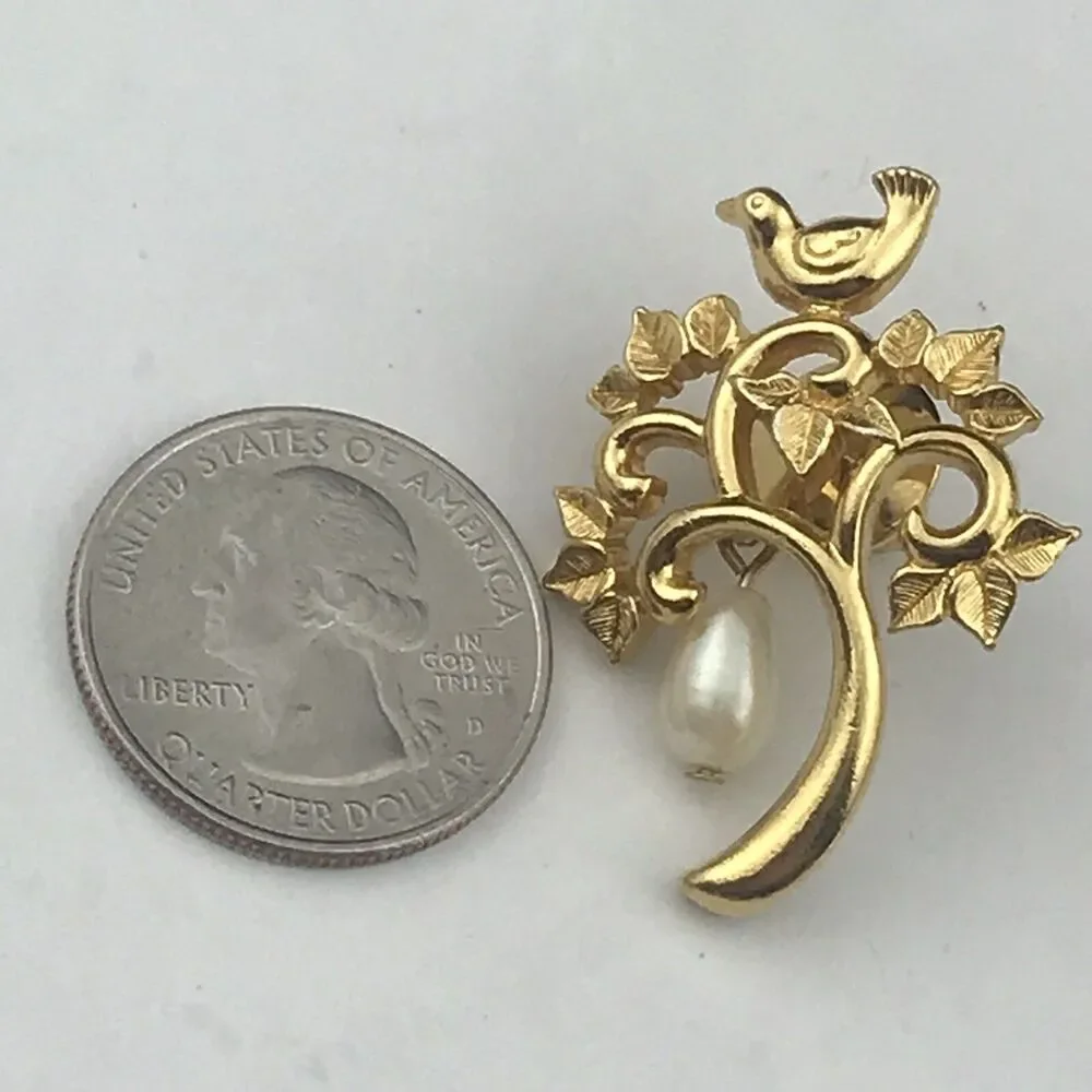 Bird On Tree Dangle Fruit Good Tone Pin Brooch Marked